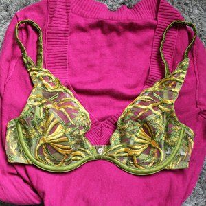 Studio Pia Sirena plunge bra green yellow silk embroidery size 3 30DD/32D/34C